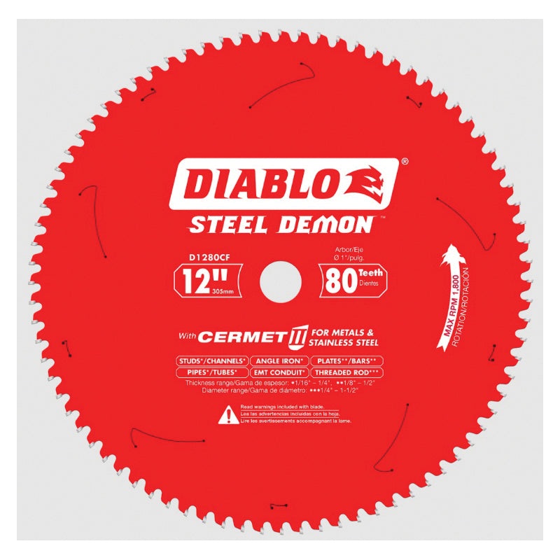 DIABLO Steel Demon D1280CF Saw Blade, 12 in Dia, TCG Teeth, 80-Teeth, 0 deg Hook, 1 in Arbor, 1800 rpm Max Speed