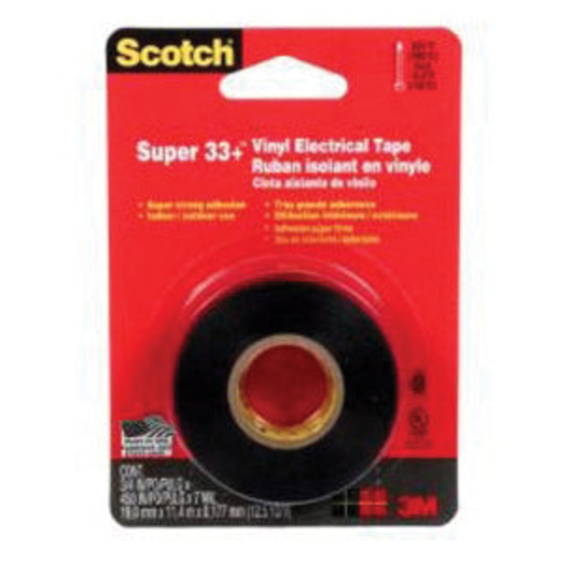 Scotch Super 33+ 021200-01964 Electrical Tape, 7 mil Thick, 3/4 in W, 450 in L, Black, Resin/Rubber Adhesive