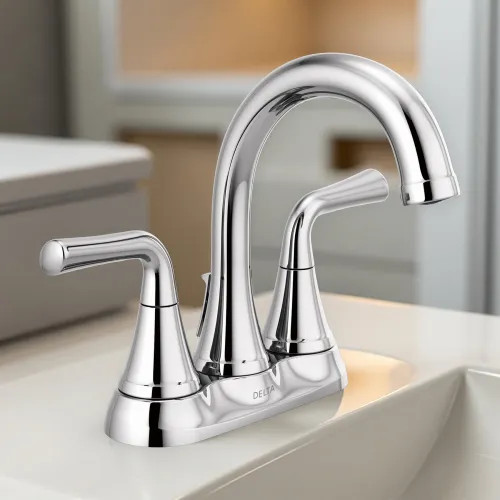 Delta Kayra Two Handle Centerset Bathroom Faucet with 50/50 Pop-Up Drain, Tract-Pack, ADA, 1.0 GPM, Chrome - 2533LF-TP