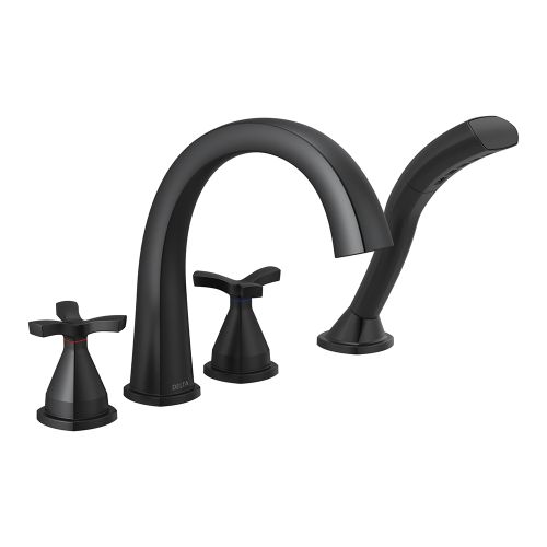 Delta Stryke Two-Handle Roman Tub Faucet Trim with 1.75 GPM Single-Setting Hand Shower, H2Okinetic, Cross Handles, Matte Black - T47776-BL