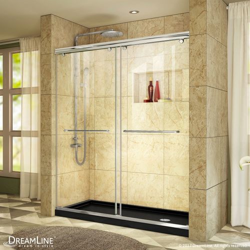DreamLine Charisma 30" D x 60" W x 78 3/4" H Frameless Bypass Shower Door in Chrome with Right Drain Black Base - DL-6940L-22-01