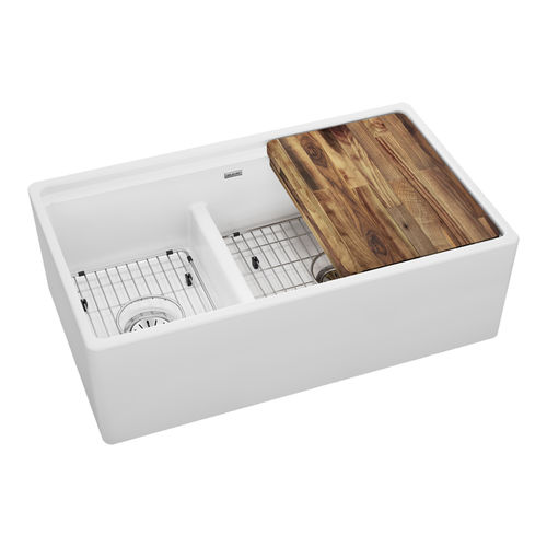 Elkay Fireclay 60/40 Double Bowl Farmhouse Workstation Sink Kit w/ Aqua Divide - White, F23320CBWHC