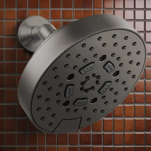 Brizo Essential 7" Wall-Mount Shower Head, Five-Function, H2Okinetic, Touch-Clean, WaterSense, 1.75 GPM, Brilliance Luxe Steel - 87492-SL