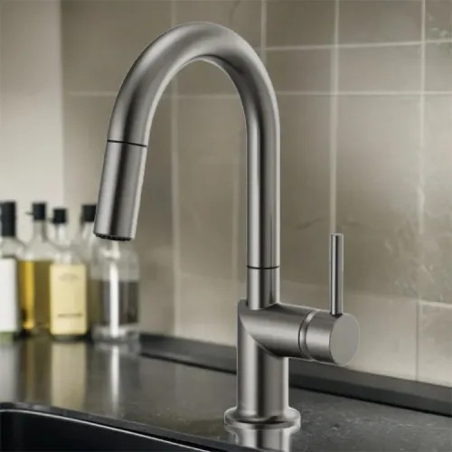 Brizo Odin Single Handle Pull-Down Bar Faucet with High-Arc Swivel Spout, MagneDock, Two Function, 1.8 GPM, Brilliance Luxe Steel - 63975LF-SLLHP