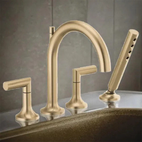 Brizo Odin Two-Handle Roman Tub Faucet Trim with H2Okinetic Hand Shower, 4-Hole, Arc-Spout, 1.75 GPM, Brilliance Luxe Gold - T67475-GLLHP