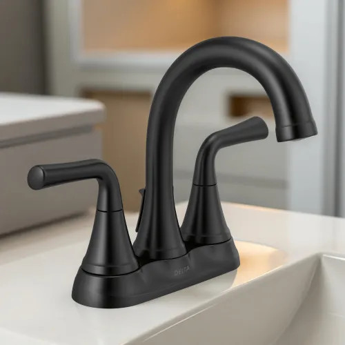 Delta Kayra Two Handle Centerset Bathroom Faucet with 50/50 Pop-Up Drain, Tract-Pack, ADA, 1.0 GPM, Matte Black - 2533LF-BLTP
