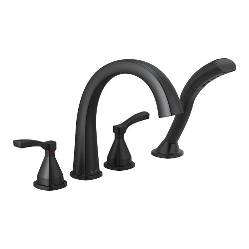 Delta Stryke Two-Handle Roman Tub Faucet Trim with 1.75 GPM Single-Setting Hand Shower, H2Okinetic, Lever Handles, Matte Black - T4777-BL