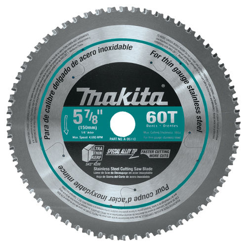 Makita 57/8" 60T CarbideTipped Saw Blade, 5/8" Arbor Size, Stainless Steel - A-96110