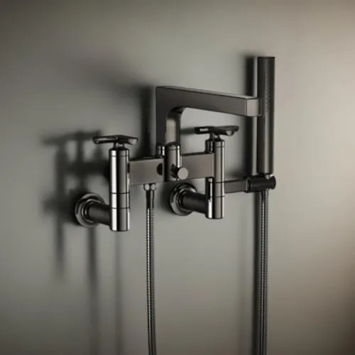 Brizo Kintsu Two-Handle Tub Filler Trim Kit w/ Cross Handles, Single-Function Handshower, Multi-Mount, Brilliance Black Onyx - T70307-BNX