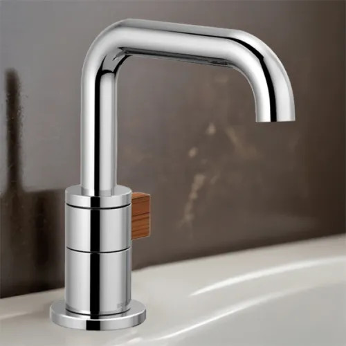 Brizo Litze One-Handle Bathroom Faucet with Ceramic Cartridge, Single-Hole, 1.5 GPM, Less Drain, Polished Chrome/Teak Wood - 65035LF-PCTK