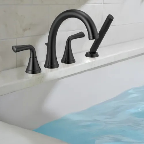 Delta Kayra Roman Tub Faucet Trim with 1.75 GPM Single-Setting Hand Shower, H2Okinetic, Lever Handles, Touch-Clean, Matte Black - T4733-BL