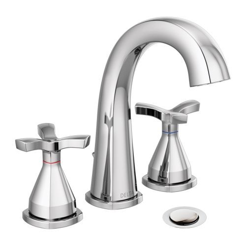 Delta Stryke Widespread Bathroom Faucet With Metal Pop-Up, Deck Mount, Two Handles, Diamond Seal, 1.2 GPM, Chrome - 357756-MPU-DST