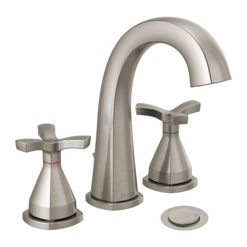 Delta Stryke Widespread Bathroom Faucet With Metal Pop-Up, Deck Mount, Two Handles, Diamond Seal, 1.2 GPM, Stainless - 357756-SSMPU-DST