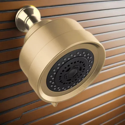 Brizo Essential 4-1/2" Wall-Mount Shower Head, Three Spray Functions, Touch-Clean Nozzles, 2.5 GPM, Brilliance Luxe Gold - 87092-GL-2.5