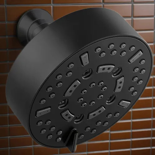 Brizo Essential 5" Wall-Mount Shower Head, Round, 7-Function, H2Okinetic, Touch-Clean, 2.5 GPM, Matte Black - 87292-BL-2.5