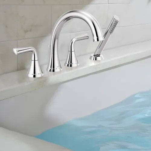 Delta Kayra Roman Tub Faucet Trim with 1.75 GPM Single-Setting Hand Shower, H2Okinetic, High Arc Spout, Lever Handles, Touch-Clean,  Chrome - T4733
