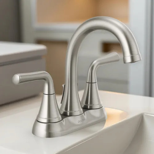 Delta Kayra Two Handle Centerset Bathroom Faucet with 50/50 Pop-Up Drain, Tract-Pack, ADA, 1.0 GPM, Stainless - 2533LF-SSTP
