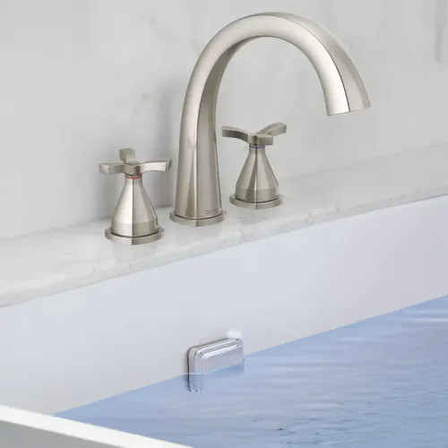 Delta Stryke Two-Handle Roman Tub Faucet Trim, High Arc Spout, Cross Handles, Stainless - T27776-SS