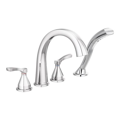 Delta Stryke Two-Handle Roman Tub Faucet Trim with 1.75 GPM H2Okinetic Hand Shower, Arc Spout, Lever Handles, Chrome - T4777