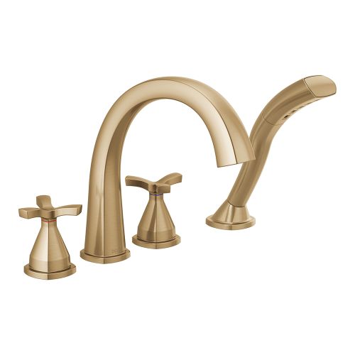 Delta Stryke Two-Handle Roman Tub Faucet Trim with 1.75 GPM Single-Setting Hand Shower, H2Okinetic, Cross Handles, Champagne Bronze - T47776-CZ