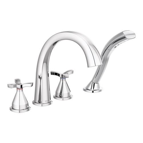 Delta Stryke Two-Handle Roman Tub Faucet Trim with 1.75 GPM Single-Setting Hand Shower, H2Okinetic, Cross Handles, Chrome - T47776