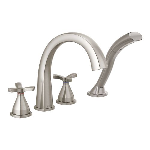 Delta Stryke Two-Handle Roman Tub Faucet Trim with 1.75 GPM Single-Setting Hand Shower, H2Okinetic, Cross Handles, Stainless - T47776-SS