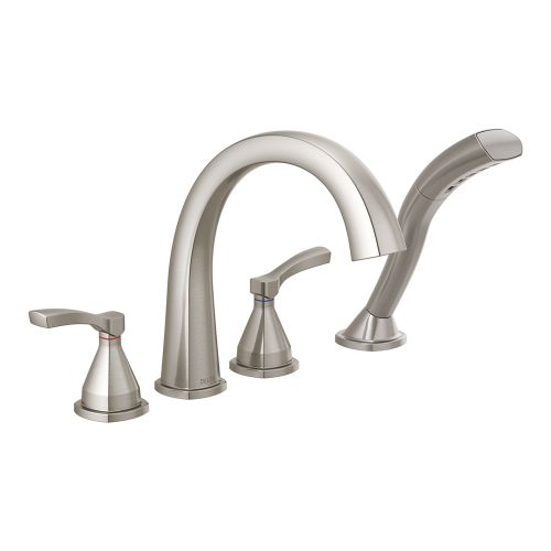 Delta Stryke Two-Handle Roman Tub Faucet Trim with 1.75 GPM Single-Setting Hand Shower, H2Okinetic, Lever Handles, Stainless - T4777-SS
