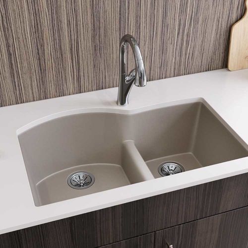 Elkay Quartz Luxe Silvermist 60/40 Double Bowl Undermount Kitchen Sink with Aqua Divide - ELXHU3322RSM0