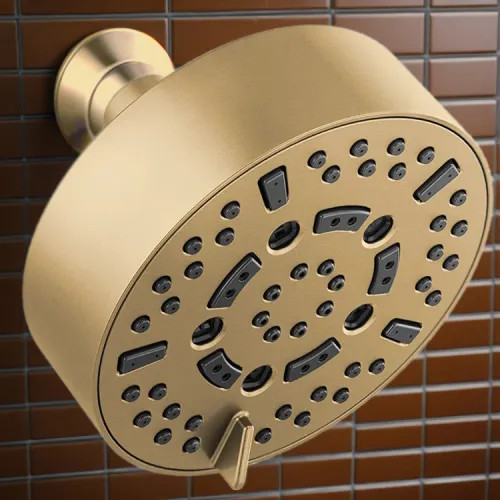 Brizo Essential 5" Wall-Mount Shower Head, Round, 7-Function, H2Okinetic, Touch-Clean, 2.5 GPM, Brilliance Luxe Gold - 87292-GL-2.5
