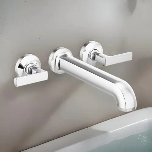 Brizo Kintsu Two-Handle Wall-Mount Tub Faucet Trim, 3-Hole, 9.3 GPM, Solid Brass, Less Handles, Polished Chrome - T70406-PCLHP