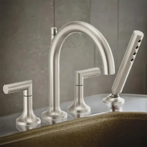 Brizo Odin Two-Handle Roman Tub Faucet Trim with H2Okinetic Hand Shower, 4-Hole, Arc-Spout, 1.75 GPM, Brilliance Brushed Nickel - T67475-BNLHP
