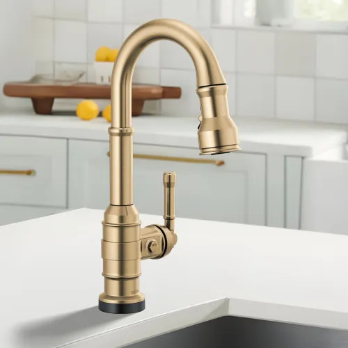 Delta Broderick Single Handle Pull-Down Bar/Prep Faucet, Touch2O, Diamond Seal, MagnaTite, ADA, 1.8 GPM, Champagne Bronze - 9990T-CZ-DST