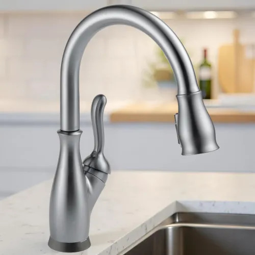 Delta Leland VoiceIQ Pull-Down Kitchen Faucet With Touch2O, Single Handle, ShieldSpray, DIAMOND Seal, Arctic Stainless - 9178TV-AR-DST