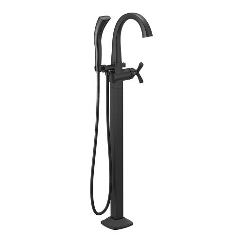 Delta Stryke Freestanding Tub Filler Trim with 1.75 GPM Single-Setting Hand Shower, H2Okinetic, Cross Handle, Matte Black - T47776-BLFL