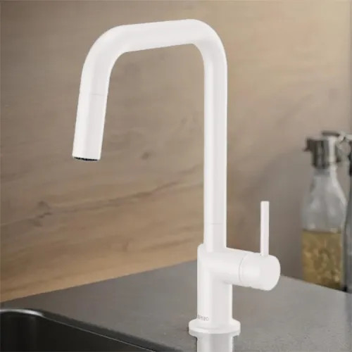 Brizo jason Wu Single Handle Pull-Down Kitchen Faucet with Square Swivel Spout, MagneDock, DIAMOND Seal, Two Function, 1.8 GPM, Matte White - 63065LF-MWLHP