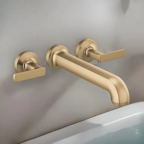 Brizo Kintsu Two-Handle Wall-Mount Tub Faucet Trim, 3-Hole, 9.3 GPM, Solid Brass, Less Handles, Brilliance Luxe Gold - T70406-GLLHP