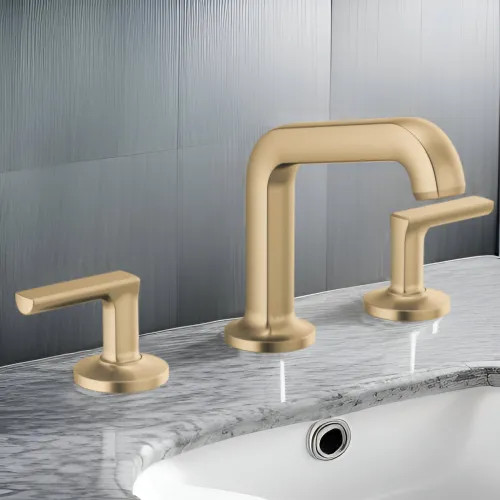 Brizo Kintsu Two-Handle Widespread Lavatory Faucet with Angled Spout, Less Handles, Deck Mount, 1.2 GPM, Brilliance Luxe Gold - 65307LF-GLLHP-ECO