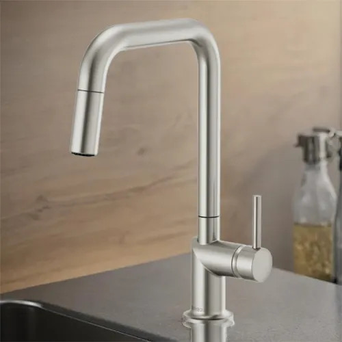 Brizo Odin Single Handle Pull-Down Kitchen Faucet with Square Swivel Spout, MagneDock, DIAMOND Seal, Two Function, 1.8 GPM, Brilliance Stainless - 63065LF-SSLHP