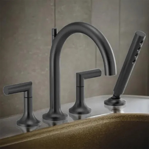 Brizo Odin Two-Handle Roman Tub Faucet Trim with H2Okinetic Hand Shower, 4-Hole, Arc-Spout, 1.75 GPM, Matte Black - T67475-BLLHP