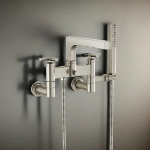 Brizo Kintsu Two-Handle Tub Filler Trim Kit w/ Cross Handles, Single-Function Handshower, Multi-Mount, Brilliance Luxe Nickel - T70307-NK