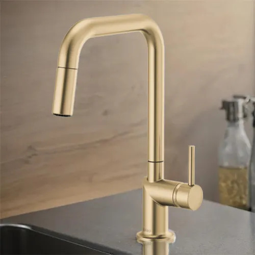 Brizo Odin Single Handle Pull-Down Kitchen Faucet with Square Swivel Spout, MagneDock, DIAMOND Seal, Two Function, 1.8 GPM, Brilliance Luxe Gold - 63065LF-GLLHP