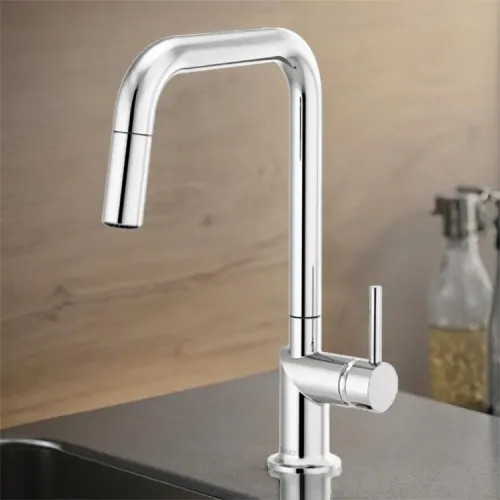 Brizo Odin Single Handle Pull-Down Kitchen Faucet with Square Swivel Spout, MagneDock, DIAMOND Seal, Two Function, 1.8 GPM, Polished Chrome - 63065LF-PCLHP