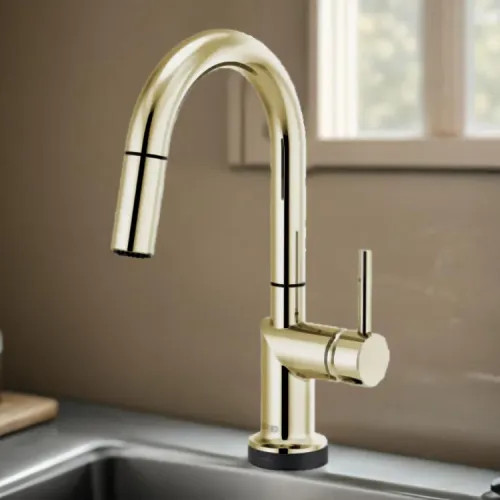 Brizo Odin SmartTouch Pull-Down Bar/Prep Faucet with Arc Spout, Diamond Seal, MagneDock, Touch-Clean, 1.8 GPM, Brilliance Polished Nickel - 64975LF-PNLHP