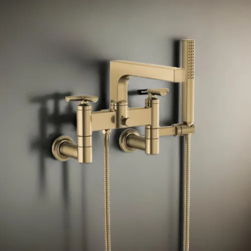 Brizo Kintsu Two-Handle Tub Filler Trim Kit w/ Cross Handles, Single-Function Handshower, Multi-Mount, Brilliance Luxe Gold - T70307-GL