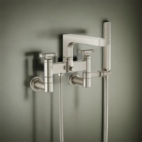 Brizo Kintsu Two-Handle Tub Filler Trim Kit w/ Knob Handles, Single-Function Handshower, Multi-Mount, Brilliance Luxe Nickel - T70308-NK