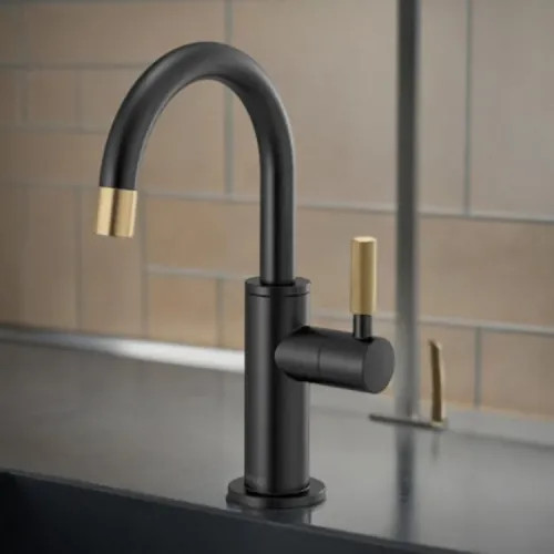 Brizo Litze Single-Handle Beverage Faucet with Arc Spout and Knurled Handle, Diamond Seal Technology, 1.5 GPM, Matte Black/Brilliance Luxe Gold - 61343LF-C-BLGL