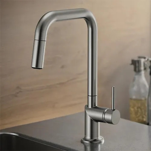 Brizo Odin Single Handle Pull-Down Kitchen Faucet with Square Swivel Spout, MagneDock, DIAMOND Seal, Two Function, 1.8 GPM, Brilliance Luxe Steel - 63065LF-SLLHP