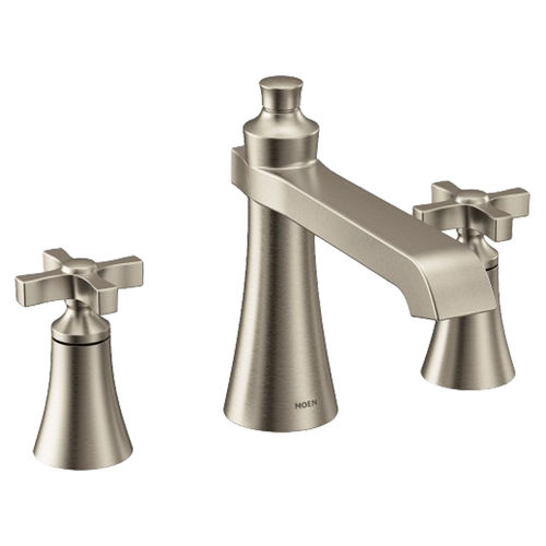 Moen Flara Two-Handle Roman Tub Faucet, Widespread, 10in Center, Cross Handles, Metal, LifeShine Finish, Brushed Nickel - TS927BN