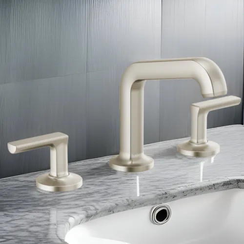 Brizo Kintsu Two-Handle Widespread Lavatory Faucet with Angled Spout, Less Handles, Deck Mount, 1.5 GPM, Brilliance Luxe Nickel - 65307LF-NKLHP
