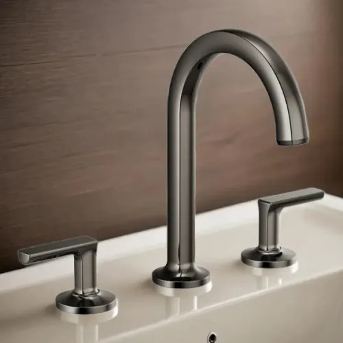 Brizo Kintsu Two-Handle Widespread Lavatory Faucet with Arc Spout, Less Handles, Deck Mount, 1.2 GPM, Brilliance Black Onyx - 65306LF-BNXLHP-ECO
